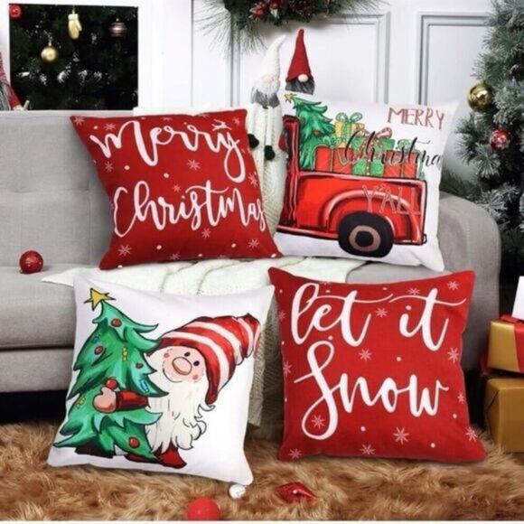 New LOKHOM Merry Christmas Throw Pillow Covers 18x18 Inch Set of 4, Farmhouse Ch - Picture 1 of 10
